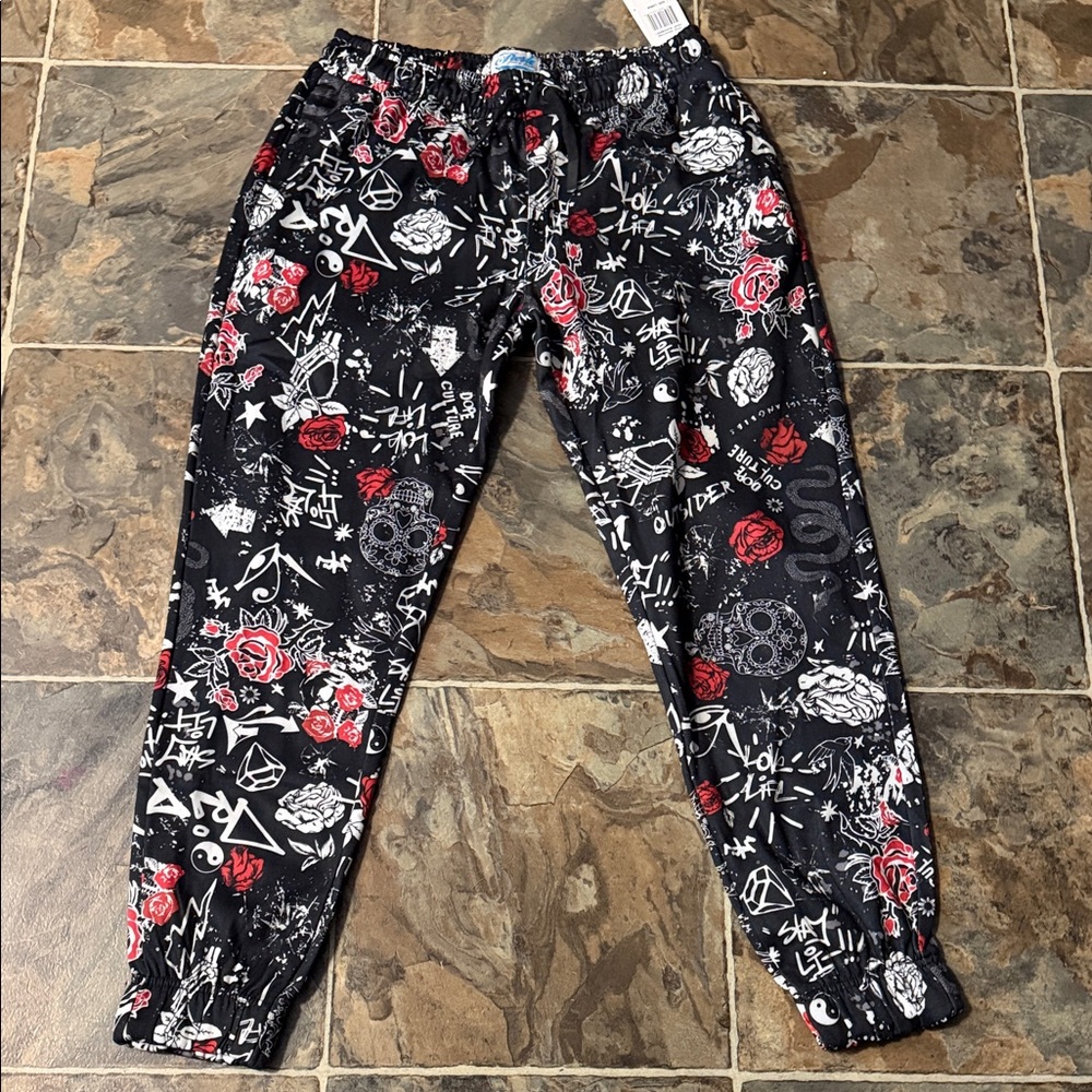 Graphic Black Joggers with Red & White Rose Print
